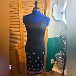 Chic Black Midi Dress with Pink Floral Design